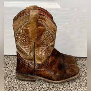 Texas Country Brown‎ Tooled Leather Cowboy Western Boots Youth Size 13 Floral